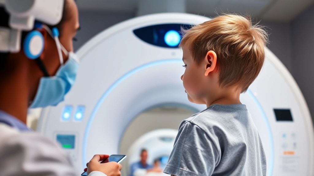Child undergoing MRI brain scan in medical facility, technician monitoring equipment, advanced neuroimaging technology, clinical environment, compassionate healthcare setting