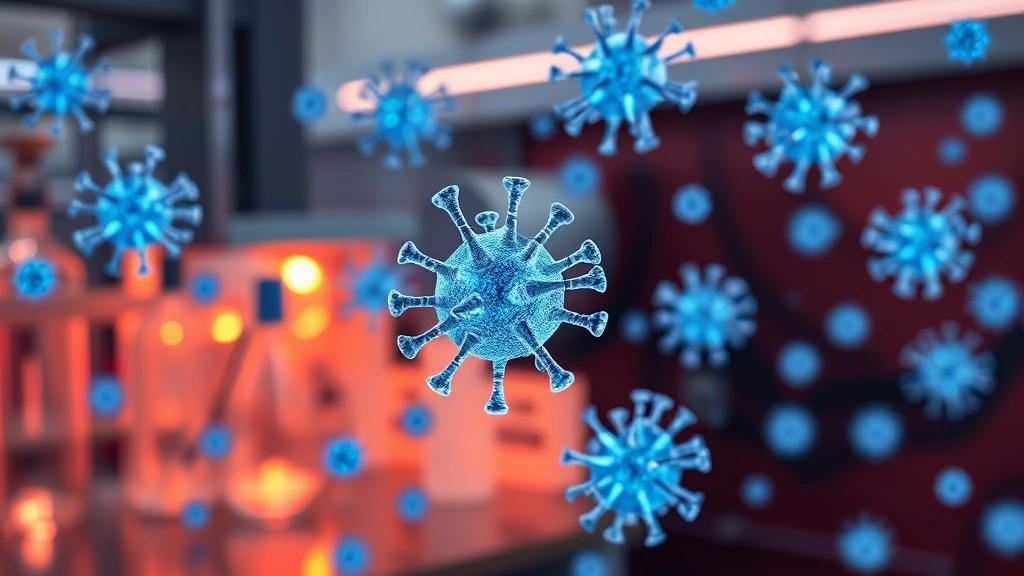 Advanced laboratory setting with AAV vector particles illustrated at molecular scale, glowing blue viral capsids suspended in cellular environment, scientific accuracy