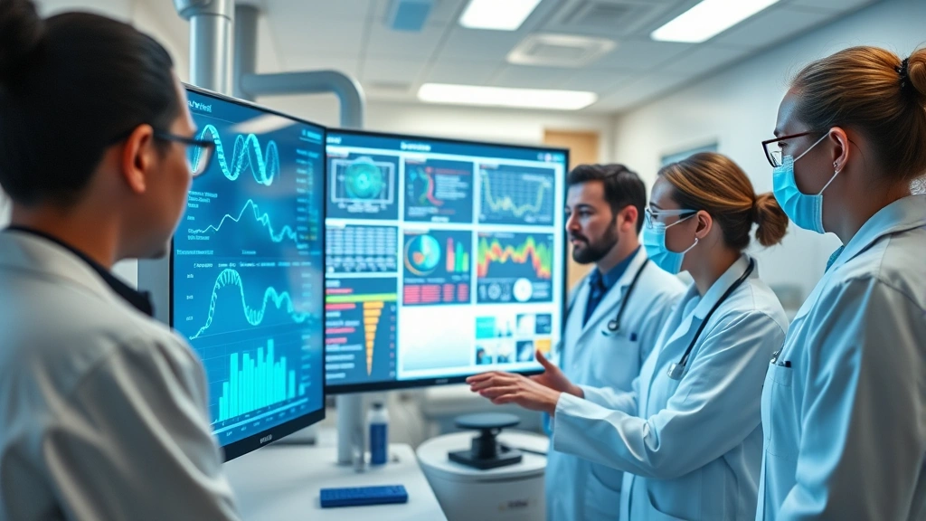 Diverse team of medical researchers collaborating around digital displays showing genetic data and clinical trial results in modern hospital laboratory setting