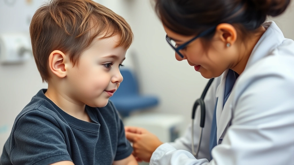 A young child with a healthcare provider in a clinical setting receiving supportive care, showing compassionate medical practice and therapeutic relationship in rare disease treatment