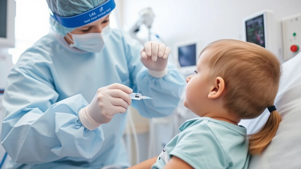 Young child receiving intrathecal injection procedure in clinical setting with specialized medical equipment, healthcare provider in protective gear, compassionate medical care atmosphere, hospital environment