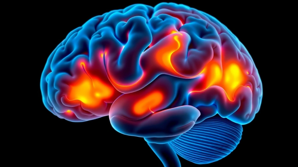 Photorealistic image of a child's brain scan with highlighted regions showing treatment zones, warm orange and cool blue color gradients indicating enzyme activity, medical imaging aesthetic, no text or annotations