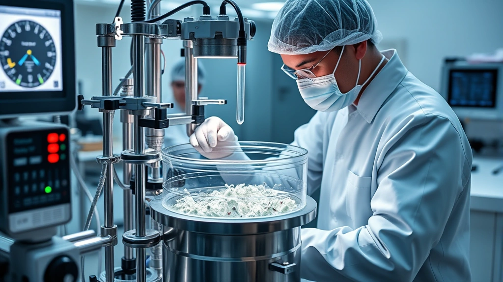 Photorealistic image of a clinical laboratory technician carefully handling a specialized bioreactor containing viral vectors for gene therapy manufacturing, with monitoring equipment and temperature controls visible, showing modern biotech manufacturing processes