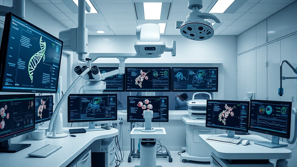 Photorealistic image of a modern clinical research facility with advanced medical equipment, monitors displaying genetic data and molecular structures, sterile laboratory environment focused on rare disease research