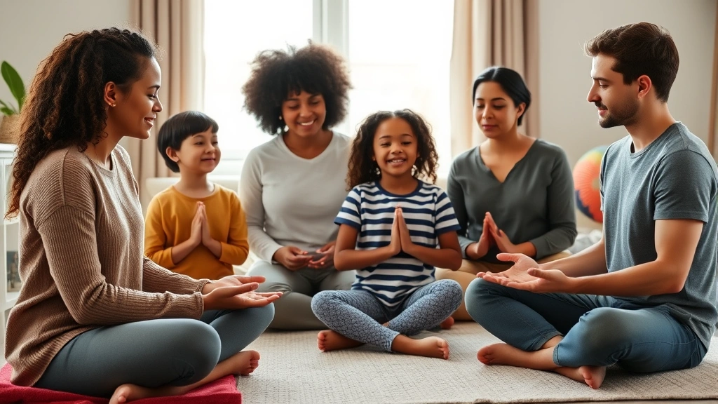 Diverse family in comfortable home environment engaged in group mindfulness practice, parents and children sitting peacefully together, natural window light, therapeutic warmth