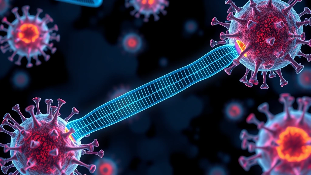Molecular visualization of viral vector delivering therapeutic genes into cell nucleus, scientific illustration style, bioluminescent effects, detailed cellular structures, educational clarity