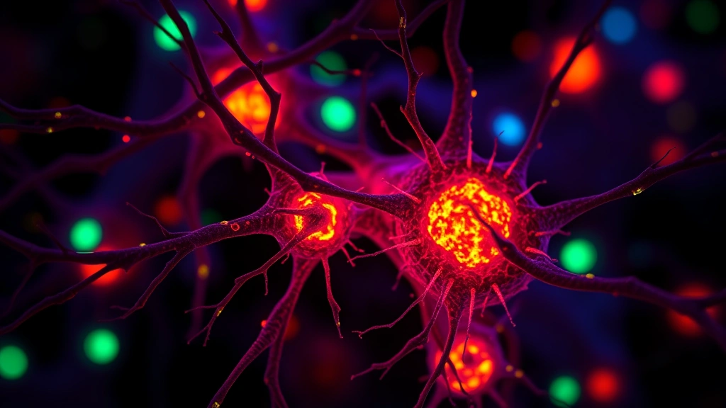 Close-up of neural cells with glowing bioluminescent markers showing gene therapy vector interaction, scientific visualization of cellular mechanisms with vibrant colors