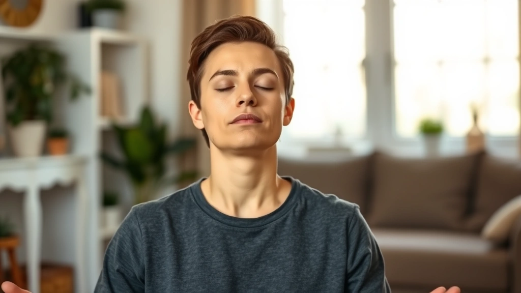 Person practicing guided meditation in peaceful home environment with soft natural lighting, eyes closed in calm focus, serene facial expression showing stress relief and mental clarity