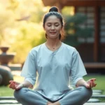 Serene meditation practitioner in peaceful zen garden with soft natural lighting, calm facial expression, sitting in lotus position with gentle focus, photorealistic, peaceful atmosphere