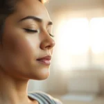 Close-up of a serene person meditating peacefully in a bright, minimalist room with soft natural sunlight, calm facial expression, peaceful atmosphere, photorealistic