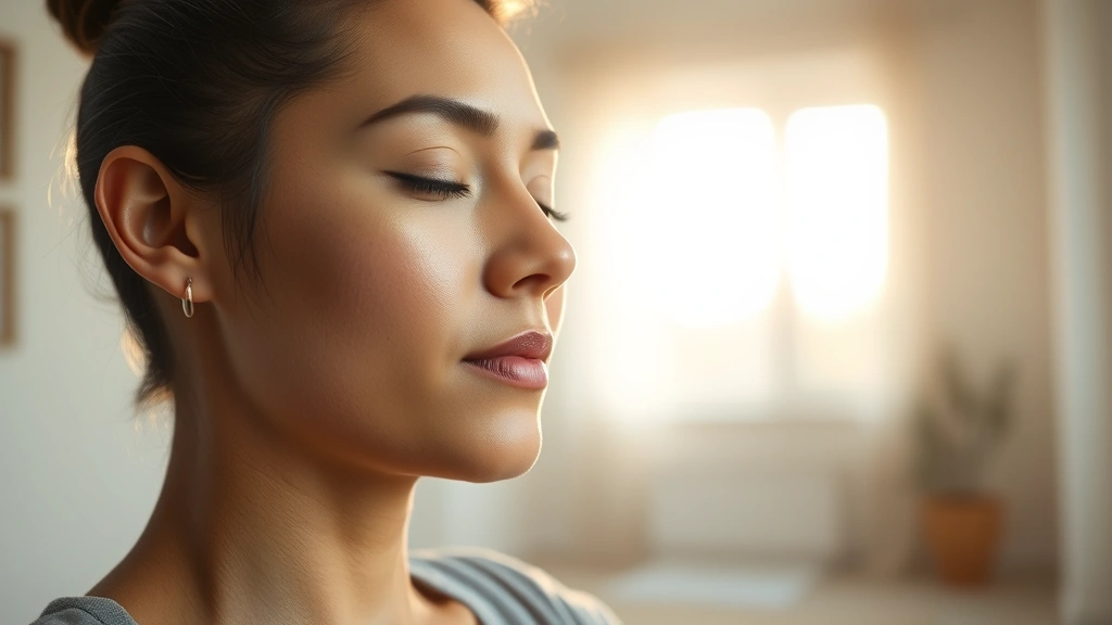 Close-up of a serene person meditating peacefully in a bright, minimalist room with soft natural sunlight, calm facial expression, peaceful atmosphere, photorealistic