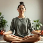 Person sitting in peaceful meditation pose with serene facial expression, soft natural lighting, calm indoor environment with plants, photorealistic style