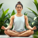 Serene individual meditating in lotus position with peaceful facial expression, soft natural lighting, botanical background with green plants, photorealistic professional wellness imagery