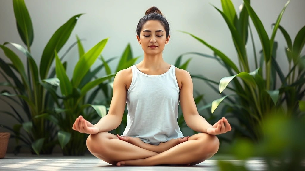 Serene individual meditating in lotus position with peaceful facial expression, soft natural lighting, botanical background with green plants, photorealistic professional wellness imagery