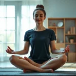 Person meditating in lotus position with serene expression, soft natural lighting, peaceful home environment, mindfulness practice visualization, calm blue and green tones, no text or distractions