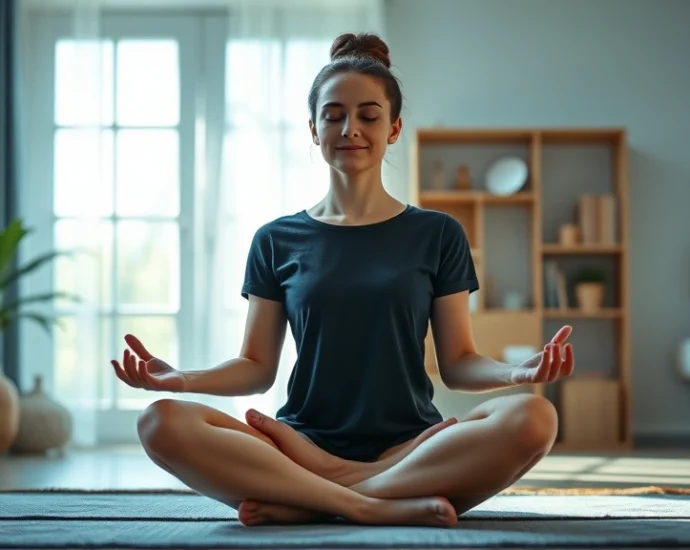 Person meditating in lotus position with serene expression, soft natural lighting, peaceful home environment, mindfulness practice visualization, calm blue and green tones, no text or distractions