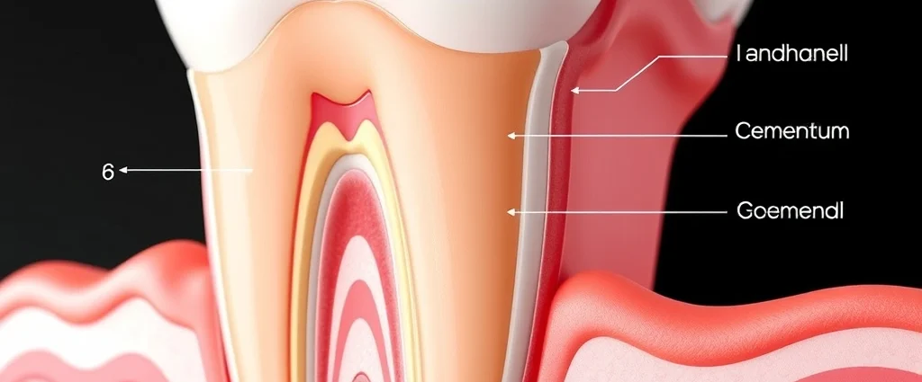 Close-up cross-section illustration of healthy gum tissue and tooth structure showing gingival anatomy, with clear labels of enamel, cementum, periodontal ligament, and bone, photorealistic medical illustration style