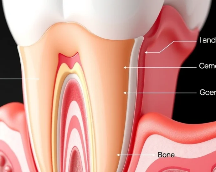Close-up cross-section illustration of healthy gum tissue and tooth structure showing gingival anatomy, with clear labels of enamel, cementum, periodontal ligament, and bone, photorealistic medical illustration style