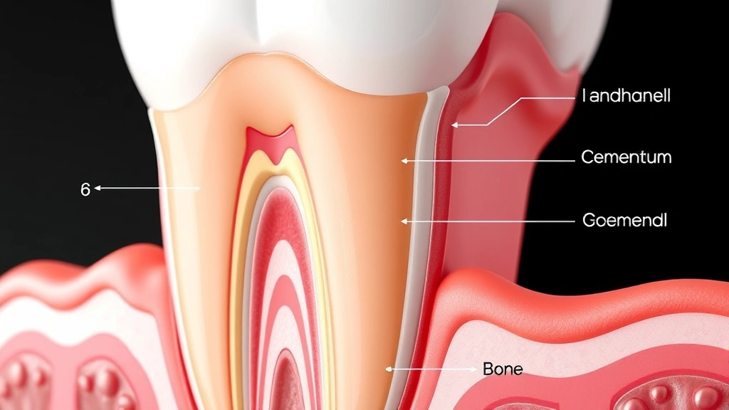 Close-up cross-section illustration of healthy gum tissue and tooth structure showing gingival anatomy, with clear labels of enamel, cementum, periodontal ligament, and bone, photorealistic medical illustration style