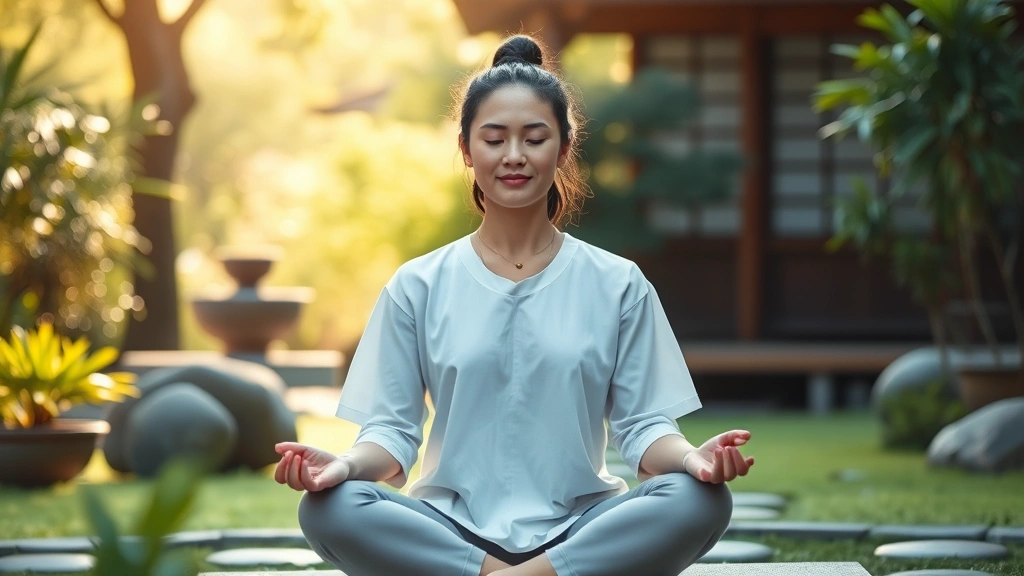Serene meditation practitioner in peaceful zen garden with soft natural lighting, calm facial expression, sitting in lotus position with gentle focus, photorealistic, peaceful atmosphere