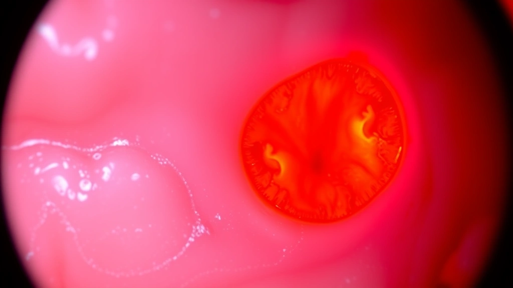 Close-up dental microscopy visualization showing healthy pink gingival tissue with vibrant collagen fibers and reduced inflammatory markers, contrasted with inflamed recession area, scientific medical imagery