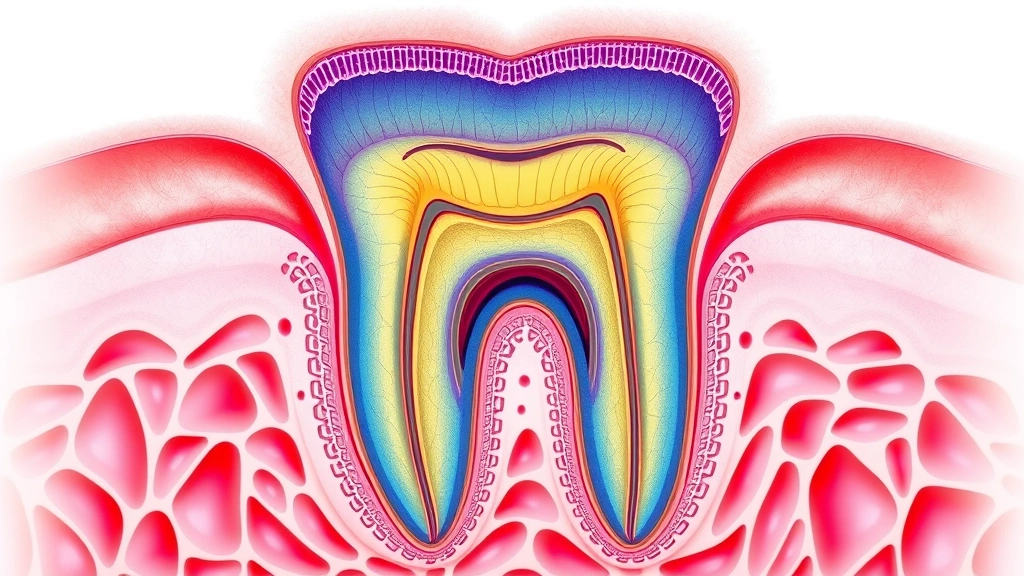 Detailed cross-section diagram visualization of healthy gum tissue and tooth structure with vibrant natural colors, showing cellular detail and anatomical clarity, scientific illustration style, photorealistic