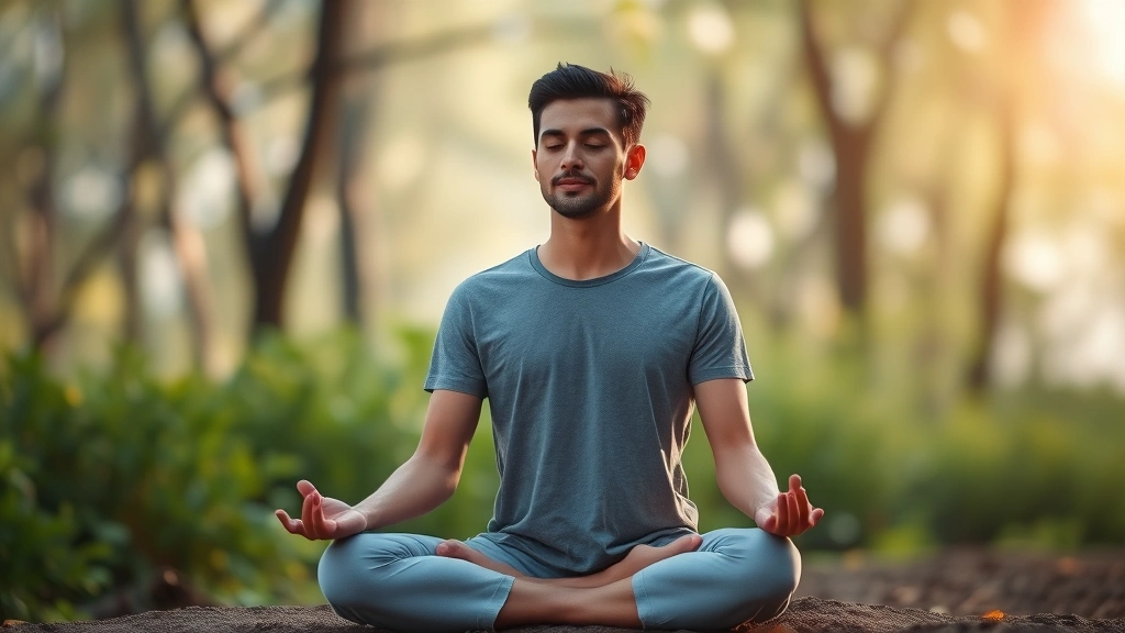 Person in meditation pose sitting peacefully in serene natural environment with soft natural light, demonstrating mindfulness practice, photorealistic, calm expression