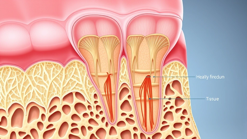 Detailed cross-section illustration showing healthy gum tissue with collagen fibers, periodontal ligament structures, and tooth attachment, professional medical illustration style with vibrant tissue colors