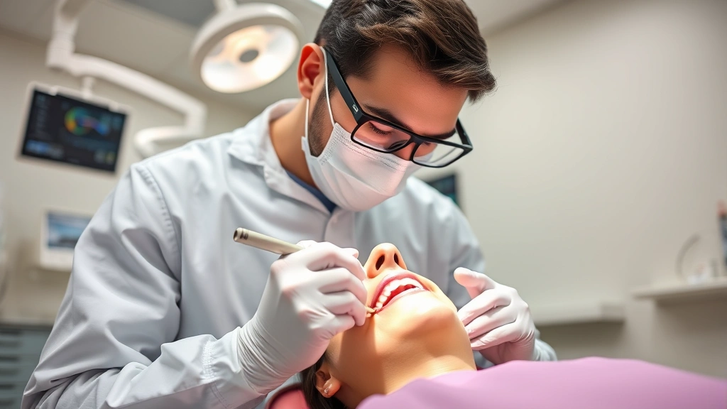 Dental professional performing gentle scaling procedure on patient's gums, clinical setting with modern equipment, focused clinical care, bright overhead lighting, professional healthcare environment