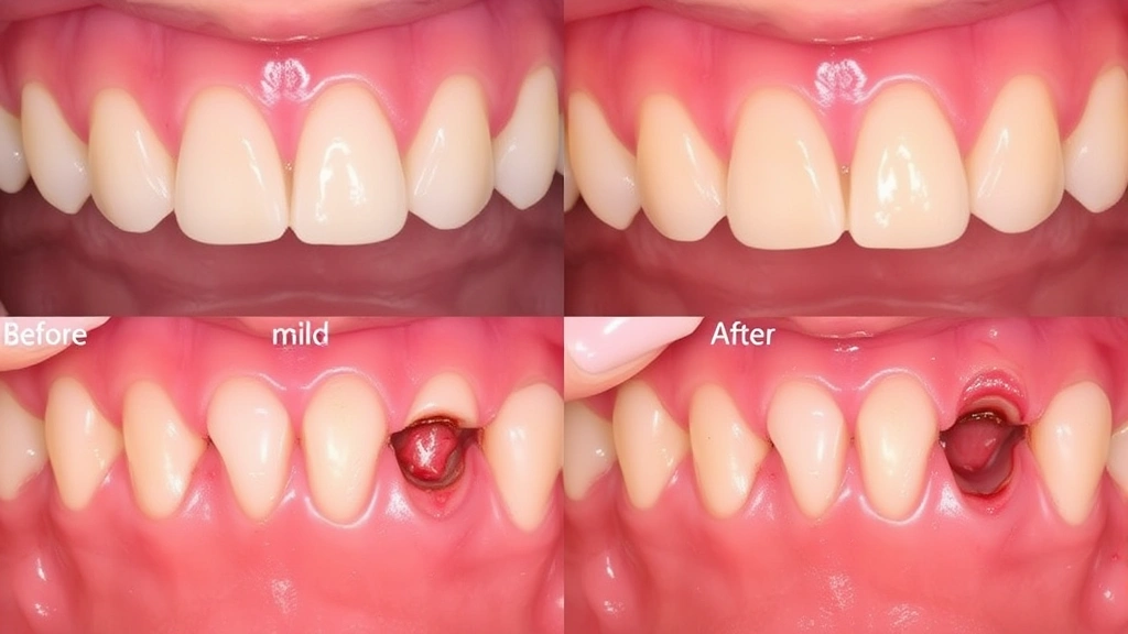 Before-and-after clinical photographs showing gum recession progression stages from mild to severe, demonstrating exposed root surfaces and tissue loss, professional dental documentation style