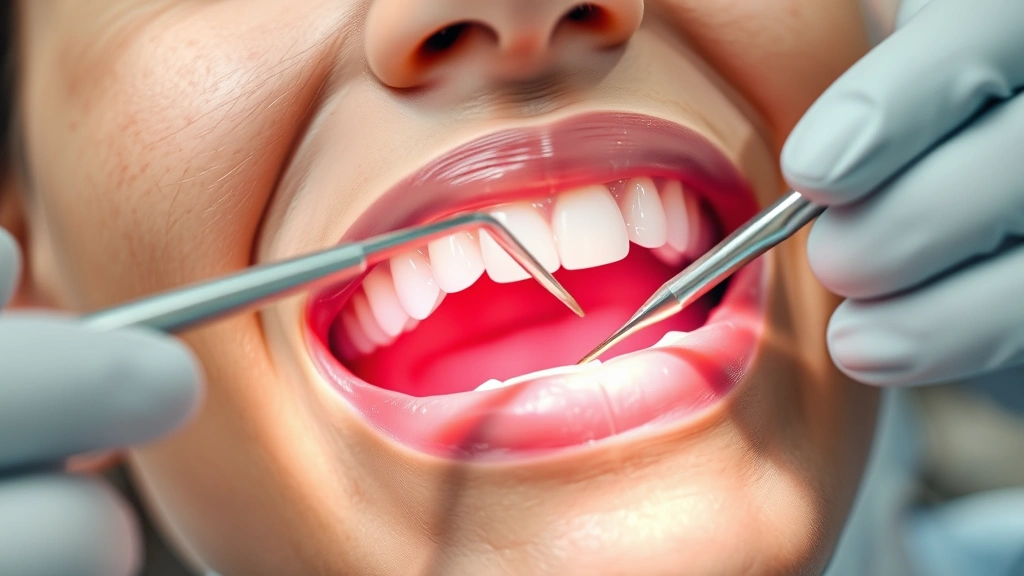 Close-up of professional dental examination of healthy gum tissue under clinical lighting, dentist using instruments, clean oral environment, clinical setting with soft blur background