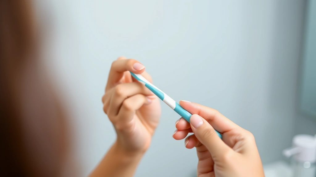 Person performing mindful toothbrushing technique with focused gentle hand position, calm concentrated expression, proper ergonomic positioning demonstrating optimal oral hygiene awareness and technique