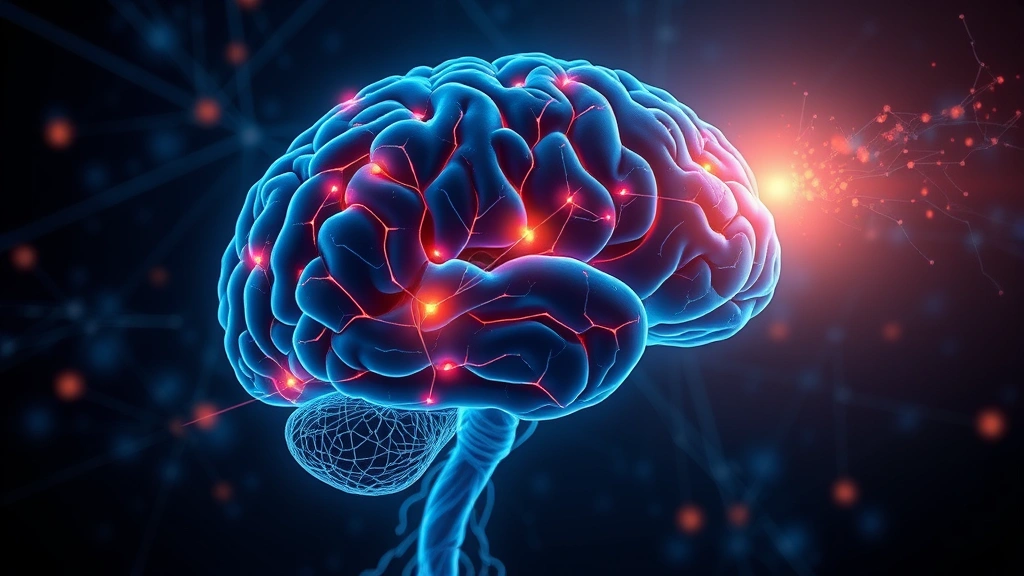 Brain illustration showing neural pathways and stress reduction during meditation, abstract medical visualization, glowing neural connections, professional scientific style