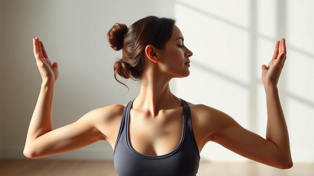 Person practicing yoga pose with focus on neck and shoulder relaxation, natural studio lighting, mindful movement practice, peaceful expression, wellness and flexibility emphasis, no text overlay