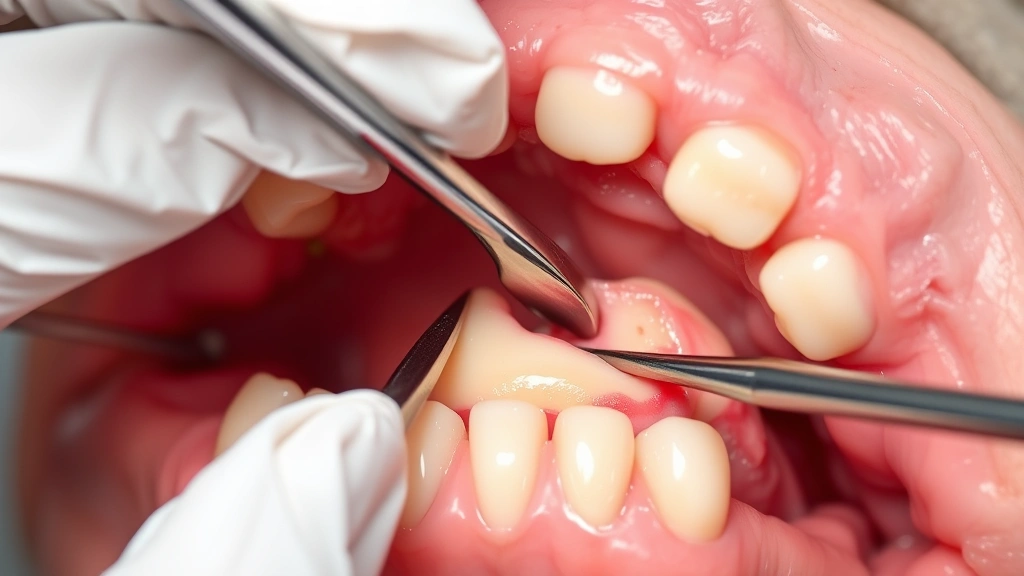 Advanced periodontal surgical procedure in progress, showing connective tissue graft placement with surgical instruments and proper tissue positioning, detailed clinical documentation photography