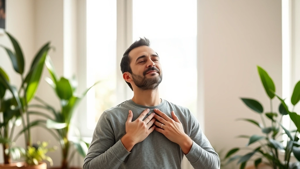 Person practicing mindful breathing with hands on chest, natural window lighting, peaceful home environment, calm expression, wellness setting with plants, photorealistic relaxation scene