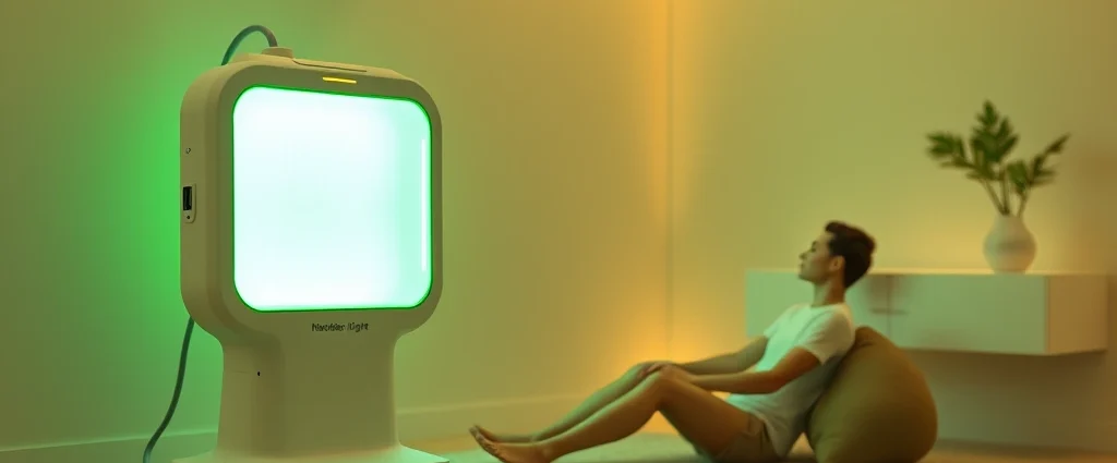 Modern green light therapy device emitting soft green wavelengths, positioned in a clean minimalist room with a person sitting comfortably nearby, warm ambient lighting, photorealistic, professional medical aesthetic