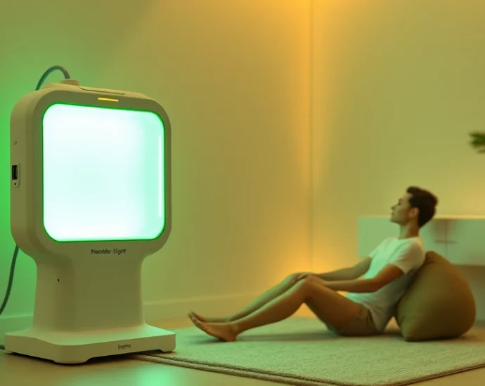 Modern green light therapy device emitting soft green wavelengths, positioned in a clean minimalist room with a person sitting comfortably nearby, warm ambient lighting, photorealistic, professional medical aesthetic