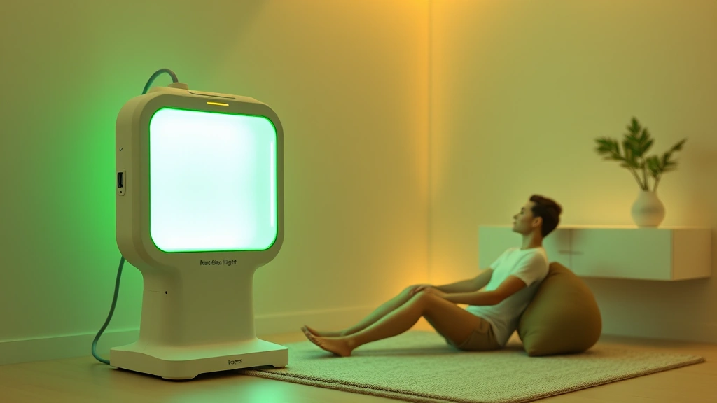 Modern green light therapy device emitting soft green wavelengths, positioned in a clean minimalist room with a person sitting comfortably nearby, warm ambient lighting, photorealistic, professional medical aesthetic