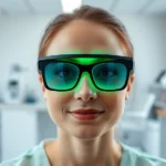 Person wearing specialized green light therapy glasses in a modern clinical office setting, soft green glow illuminating their face, professional medical environment, natural lighting background