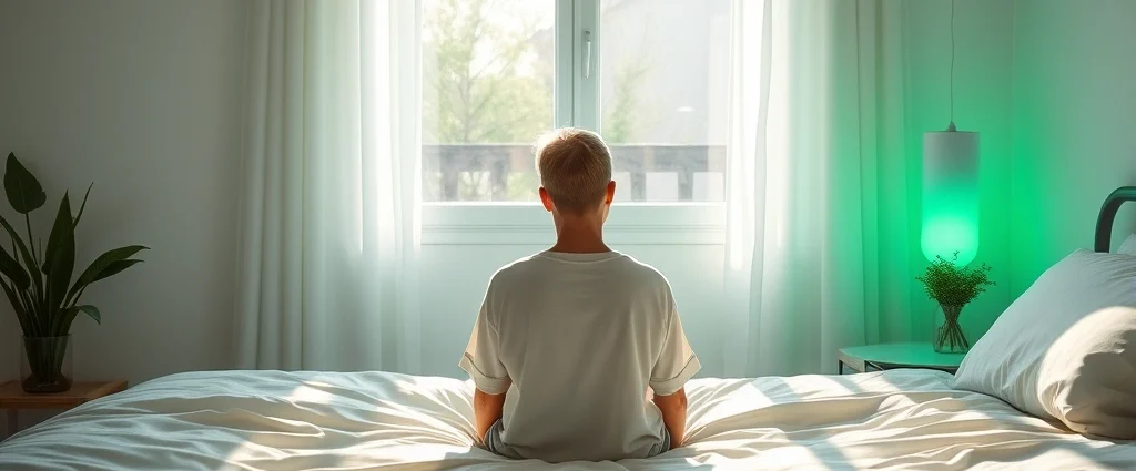 Person sitting in front of a soft green light therapy lamp in a minimalist bedroom, morning sunlight streaming through window, peaceful expression, photorealistic