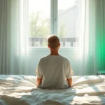 Person sitting in front of a soft green light therapy lamp in a minimalist bedroom, morning sunlight streaming through window, peaceful expression, photorealistic