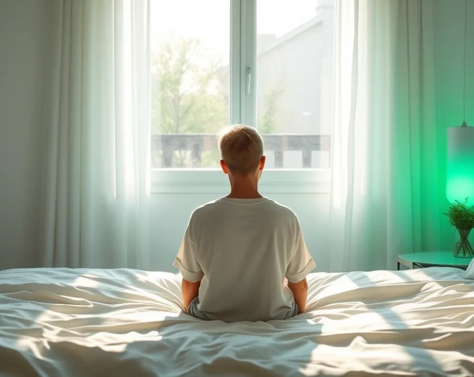 Person sitting in front of a soft green light therapy lamp in a minimalist bedroom, morning sunlight streaming through window, peaceful expression, photorealistic