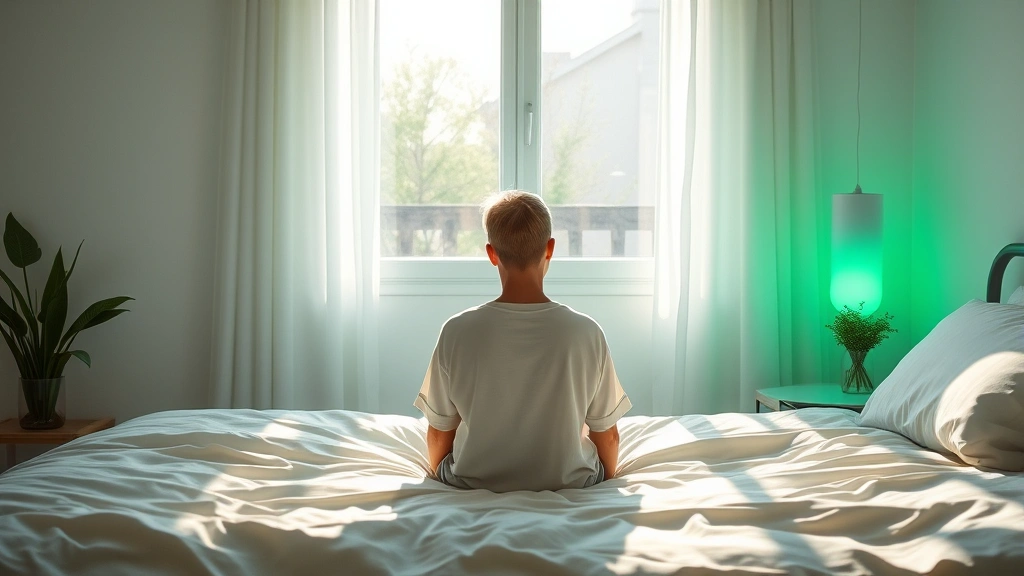 Person sitting in front of a soft green light therapy lamp in a minimalist bedroom, morning sunlight streaming through window, peaceful expression, photorealistic