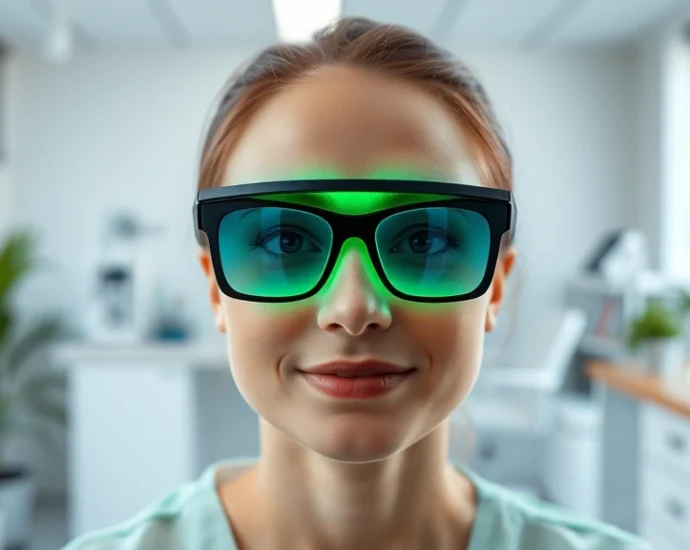 Person wearing specialized green light therapy glasses in a modern clinical office setting, soft green glow illuminating their face, professional medical environment, natural lighting background