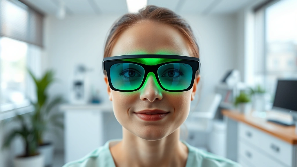 Person wearing specialized green light therapy glasses in a modern clinical office setting, soft green glow illuminating their face, professional medical environment, natural lighting background