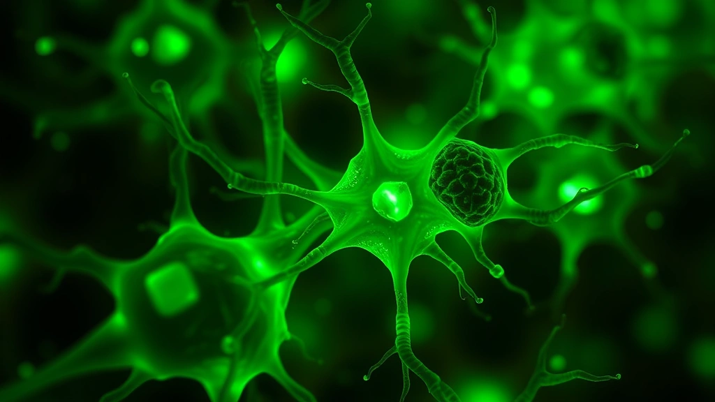 Close-up of neural cells glowing with green light wavelengths, mitochondria highlighted, scientific visualization, bioluminescent effect, photorealistic medical illustration