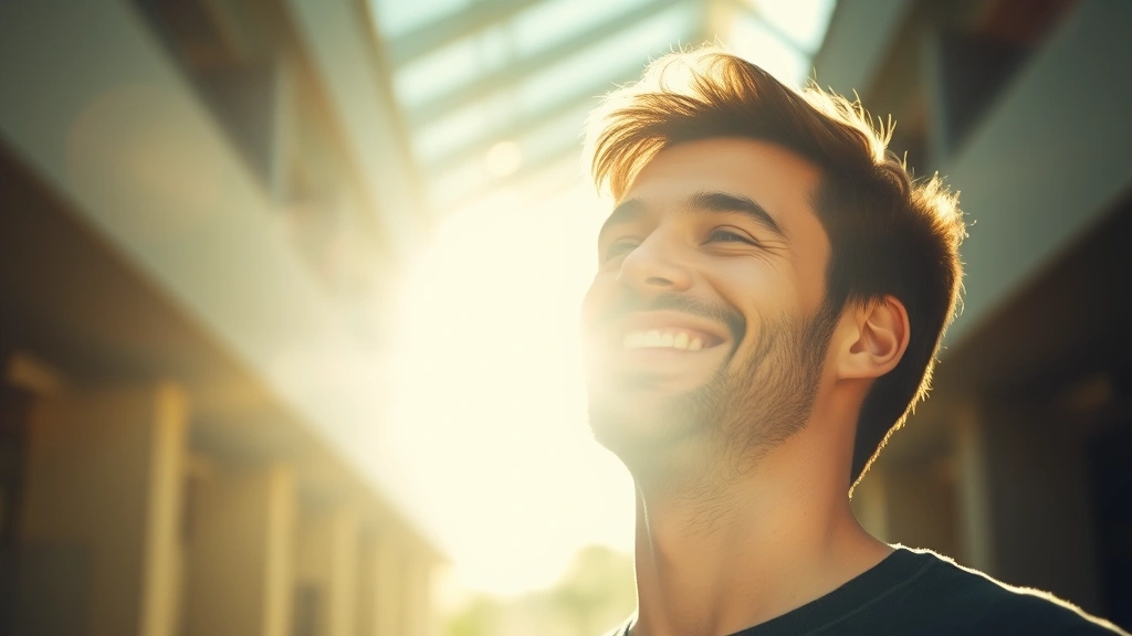 Smiling person in bright natural setting surrounded by subtle green light rays, expressing improved mood and mental clarity, warm daylight filtering through modern architecture, peaceful and uplifting atmosphere