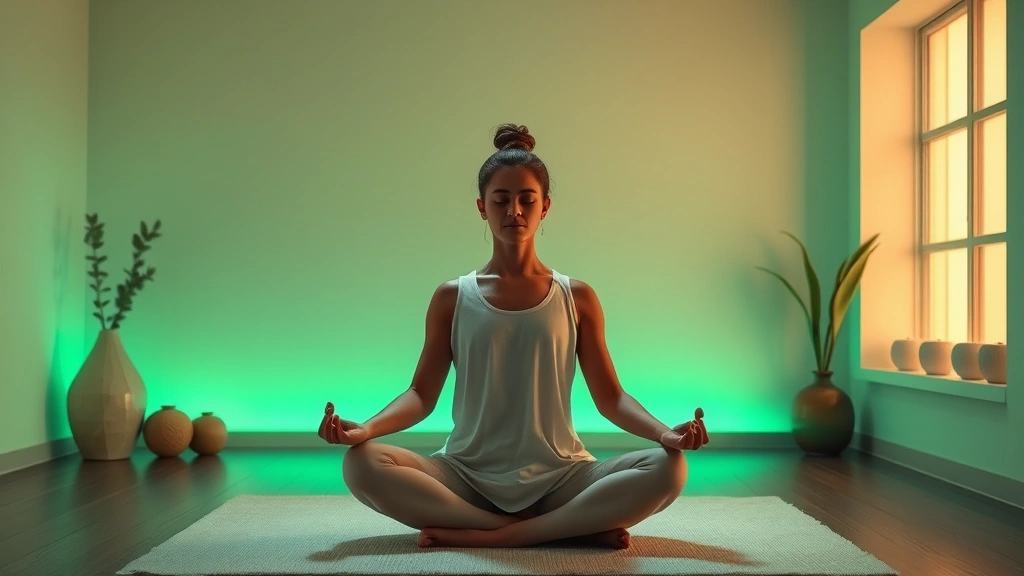 Serene individual meditating with green ambient light surrounding them in a wellness studio, relaxed posture, calming atmosphere, photorealistic wellness photography