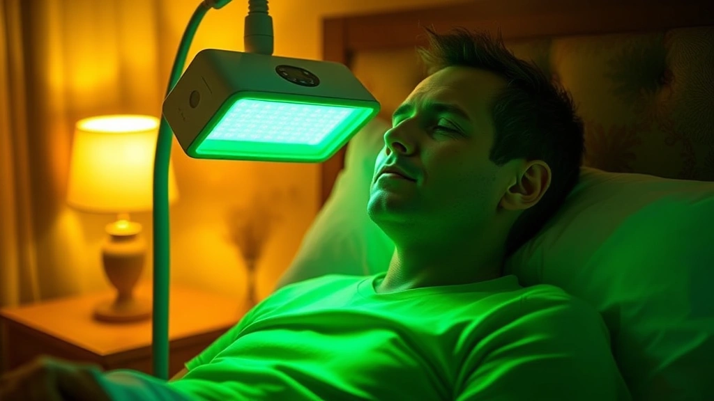 Patient experiencing green light therapy during evening hours in bedroom, warm ambient lighting, peaceful sleep-ready environment, therapeutic device emitting gentle green illumination
